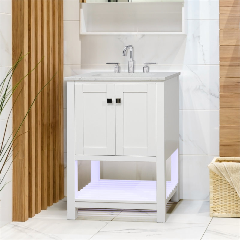 Ensemble de meuble-lavabo simple 24 po avec comptoir en quartz Akaysha, portes à fermeture en douceur, évier et dosseret en céramique, lumières DEL blanches