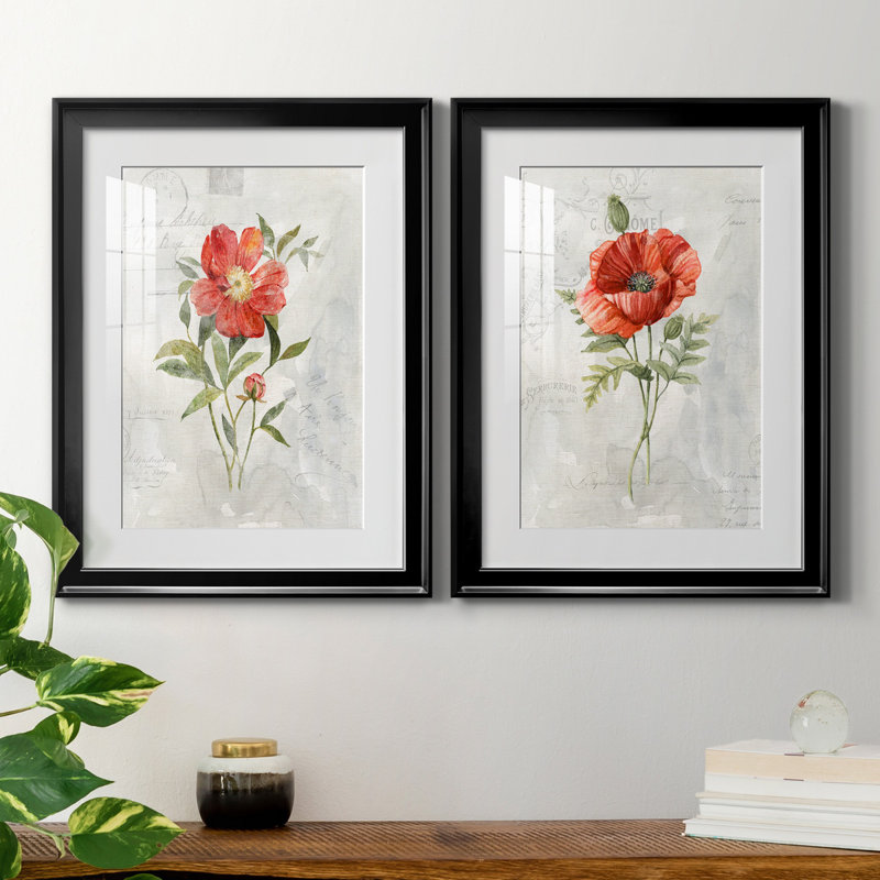 Lin pivoine - ensemble de 2 reproductions d'art, H 18,5 po x l 49 po x P 1,5 po, Papier encadré noir, Blanc