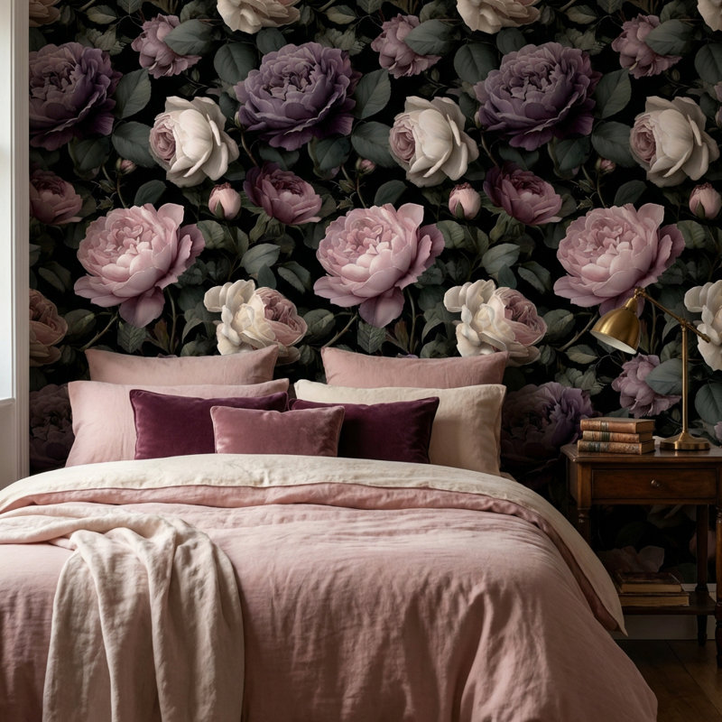 Papier peint floral foncé Moody Botanical Dramatic Bloom, Non-collé