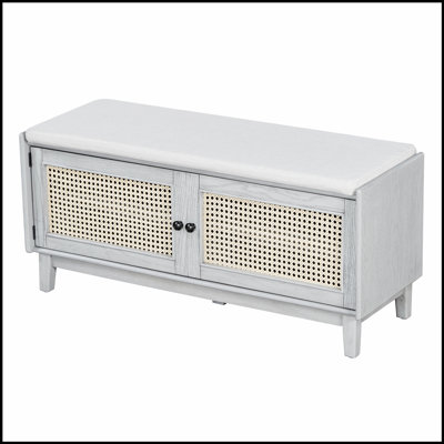 Boho Rattan Entryway Bench With Storage, Cushioned Shoe Bench With Double Doors, Wooden Shoe Organizer For Hallways