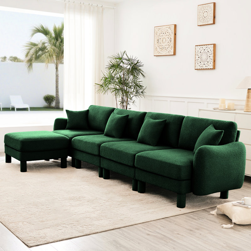 Canapé en tissu à 4 boucles avec un design convertible en forme de L, des pieds cylindriques distinctifs en forme de coquillage, amovibles et enveloppés, idéal pour se détendre dans divers espaces Tissu, 4, canapé, convertible