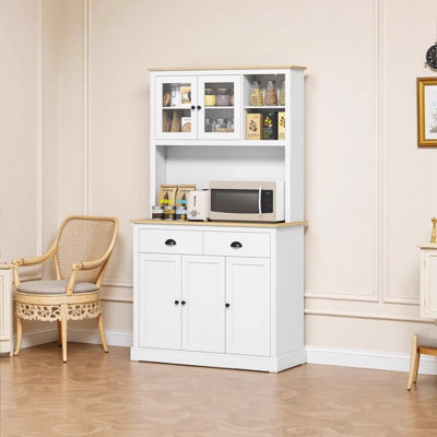 Armoire de cuisine autoportante de 71 po de hauteur avec tablettes réglables et gestion des câbles, finition blanche et chêne