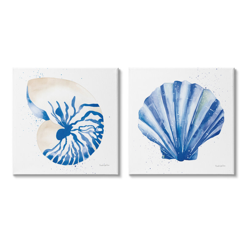 «Serene Blue Seashell Clam» par Mercedes Lopez Charro - ensemble de 2 peintures, Toile tendue, H 17 po x l 17 po x P 1,5 po