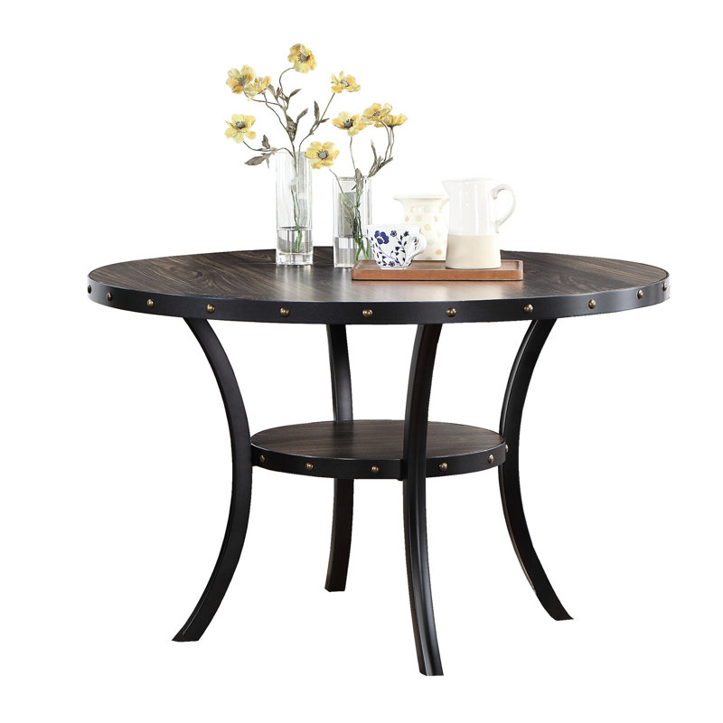 Table de salle à manger ronde transitionnelle en bois naturel avec rangement offrant un look créatif et contemporain