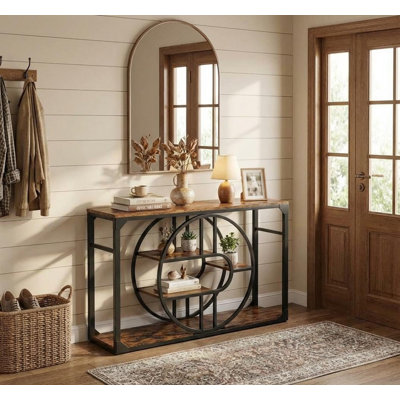 5-Tier Entryway Console Table, Industrial Sofa Table with O-Shaped Metal Frame and 3 Storage Shelves, Rustic Accent Table for Living Room, Hallway and Entrance Foyer
