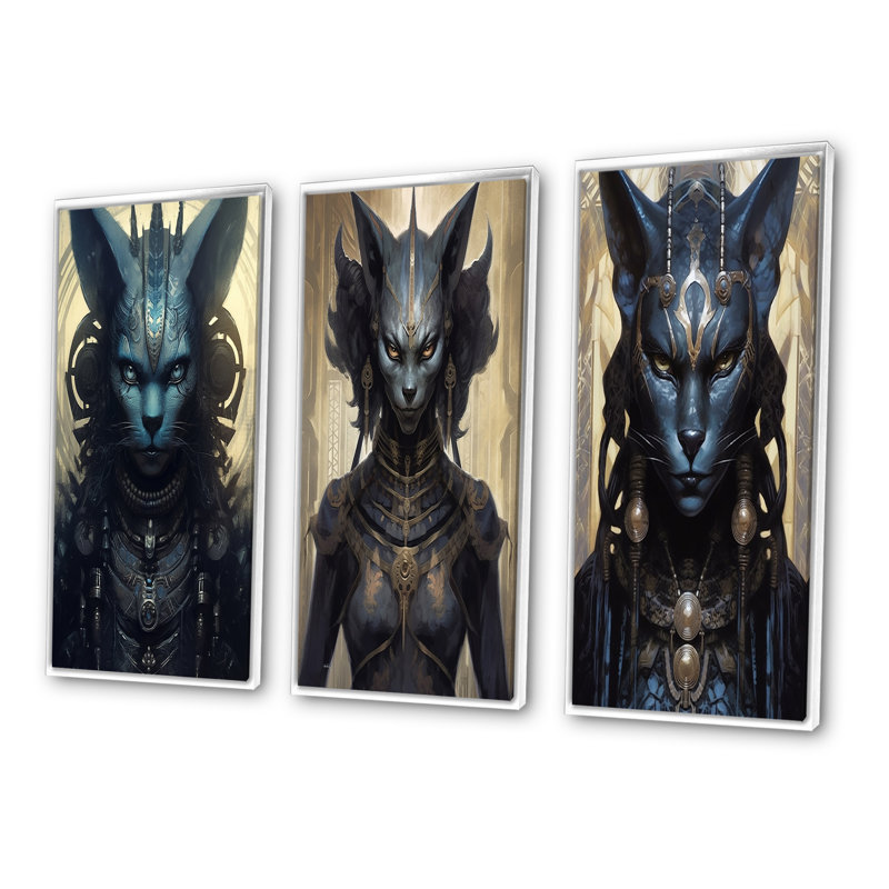 Chat égyptien antique déesse bastet IV - mode femme, ensemble d'art de 3 pièces, Cadre flottant blanc, H 28 po x l 36 po