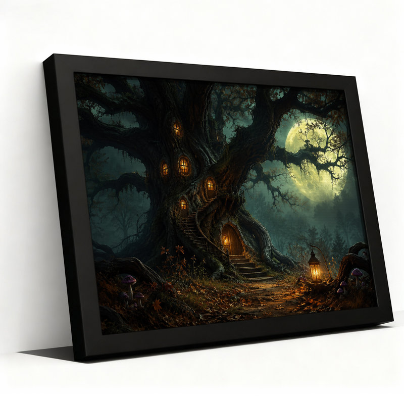 Art mural sur toile Magical Treehouse In Moonlit Forest, 16"H x 24"W