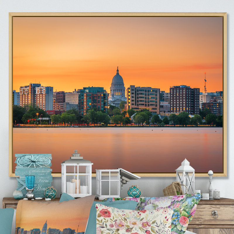 «Madison Wisconsin Skyline - Alabama Large», art mural, H 12 po x l 20 po x P 1 po, Cadre naturel flottant