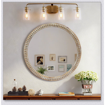 Round Decorative Wall Mirror With Distressed Wood Beaded Frame, Perfect For Entryway And Living Room, Farmhouse Style Accent