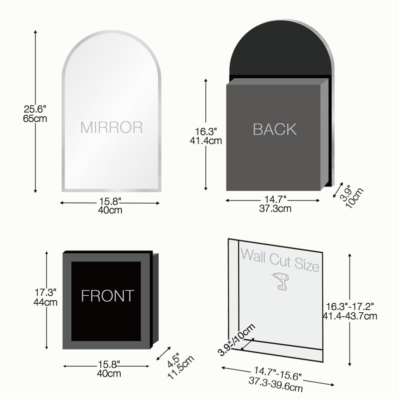 Miroir arqué pour armoire à pharmacie avec miroir de salle de bain sans assemblage, 25.6" H x 15.8" W x 4.5" D, Silver