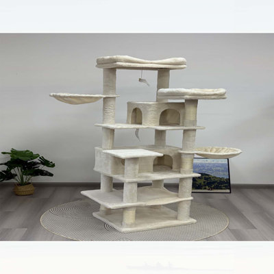 Arbre à chat de 68 po de hauteur à plusieurs niveaux avec hamacs, panier suspendu, grotte pour chat, coussin amovible, poteaux à griffer - tour en peluche pour chats d'intérieur, parfait pour plusieurs félins