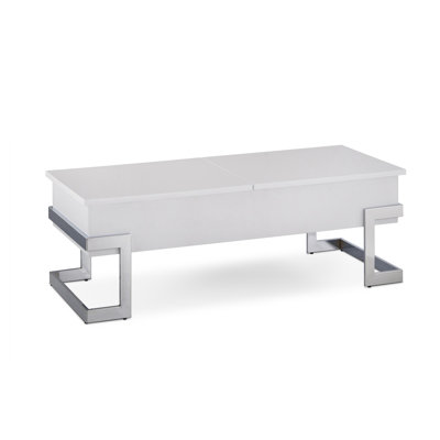 Table basse blanche brillante et chromée avec plateau relevable