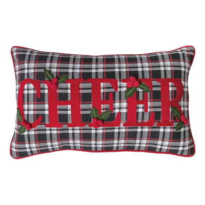 Black Plaid Cheer Embroidered Holiday Pillow