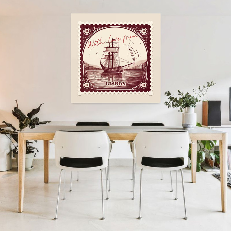 «Lisbon Sailing Ship Stamp», rétro, architecture traditionnelle de ville, impression d'art mural, 36" H x 36" W