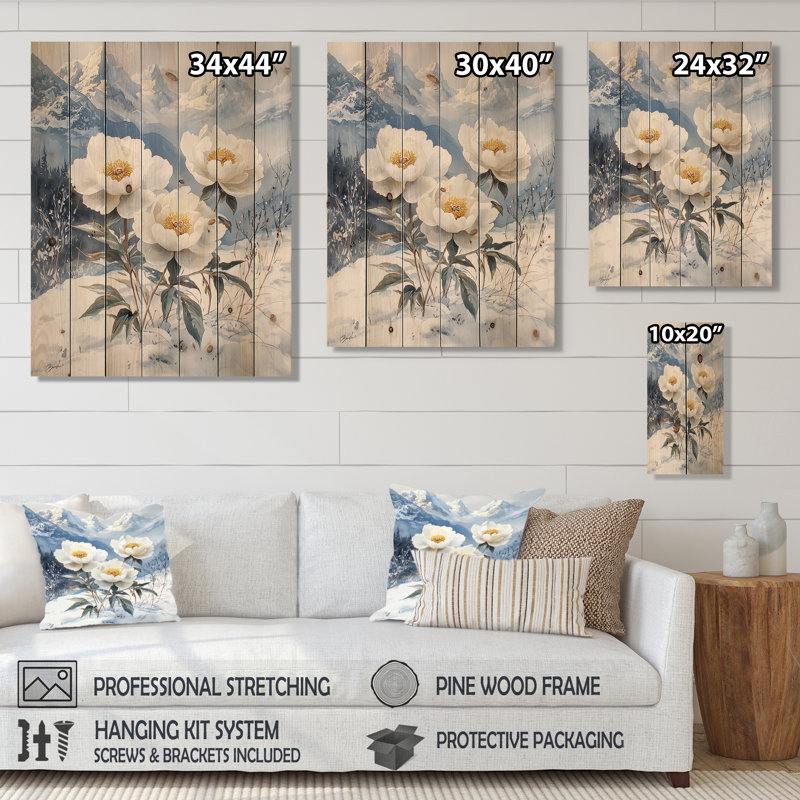 Neige pivoines dans le paysage hivernal II - Art mural en bois pivoines - sur bois de pin naturel, H 40 po x l 30 po