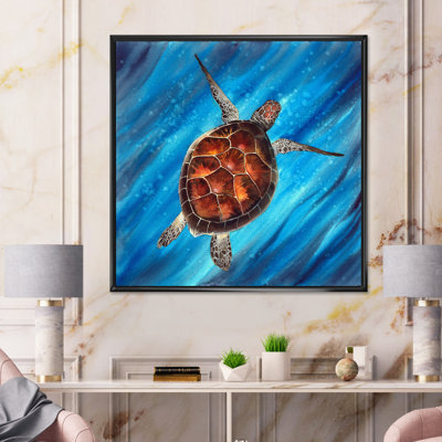 Tortue de mer colorée nageant en bleu - reproduction d'art sur toile nautique et côtière
