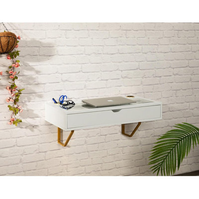 Floating Shelf With Drawer, Wall Mounted Desk, 31 Inch Surface, White