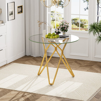 35.4 - Inch Round Gold Glass Dining Table For 1 4 Persons, With Adjustable Slip Feet, Great Living Room Atmosphere Office Or Room, Legs And Smooth Finish Surface
