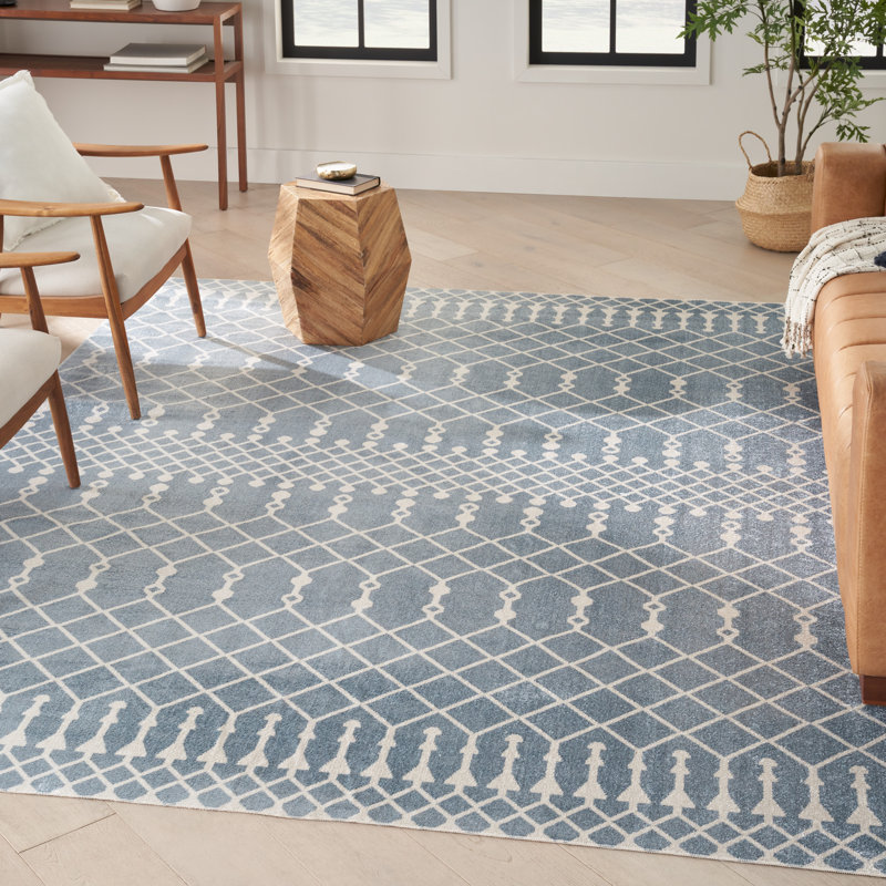 Tapis bleu marocain lavable à la machine Kittie, Rectangle 9 pi x 12 pi