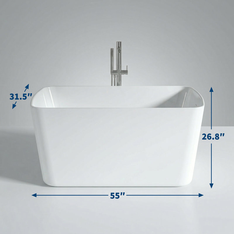  Baignoire autoportante en acrylique de 55 po de conception carrée compacte, finition blanche brillante avec trop-plein chromé et bonde escamotable
