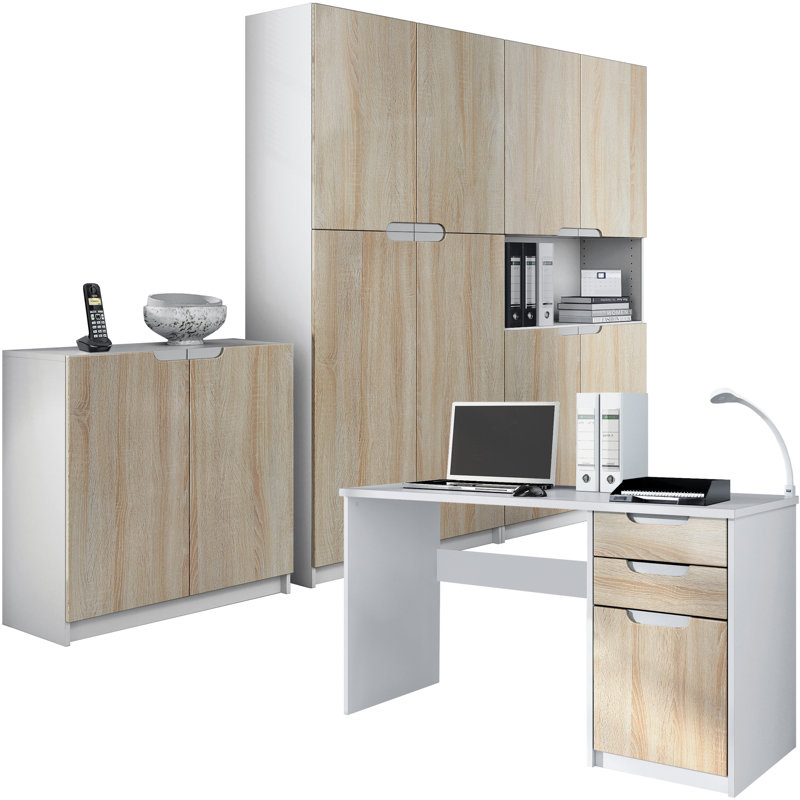 Mazeppa 3 Piece Writing Desk Office Set, Oak Sawed/White Base