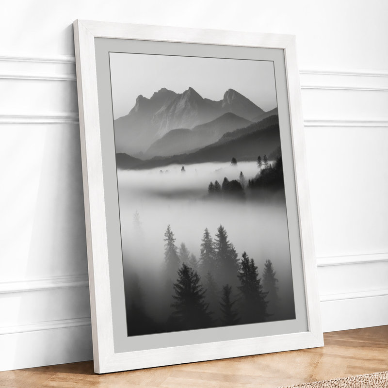 Mountains in Mist Scandinavian - Framed Print, A4 - 29.7 x 21.0 cm, White