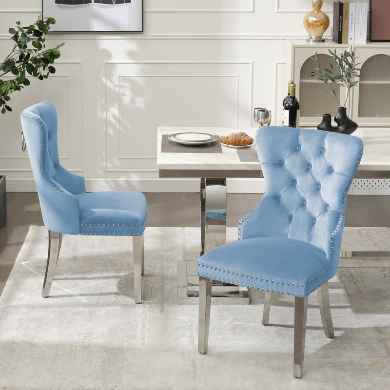 Chaises de salle à manger rembourrées en velours avec pieds en acier inoxydable, Bleu pâle