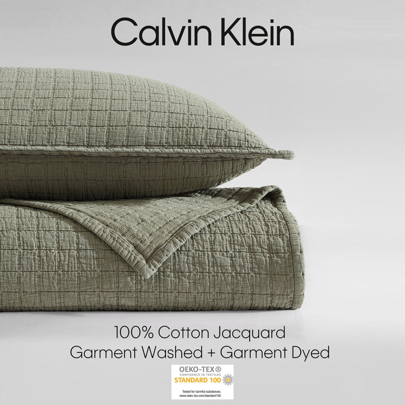 Calvin Klein Essential Garment Washed Solid Cotton Sham Set, Dark Green, Queen
