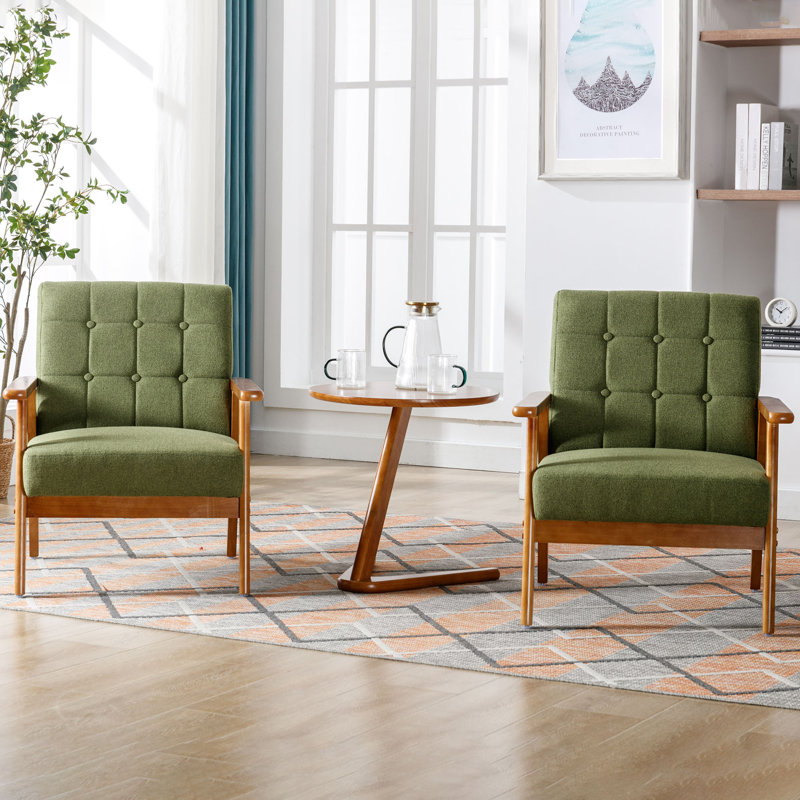 Accent Chair, Mid-century Modern Armchair With Solid Wood Frame,armchair For Living Room, Bedroom（set Of 2）, Green Linen