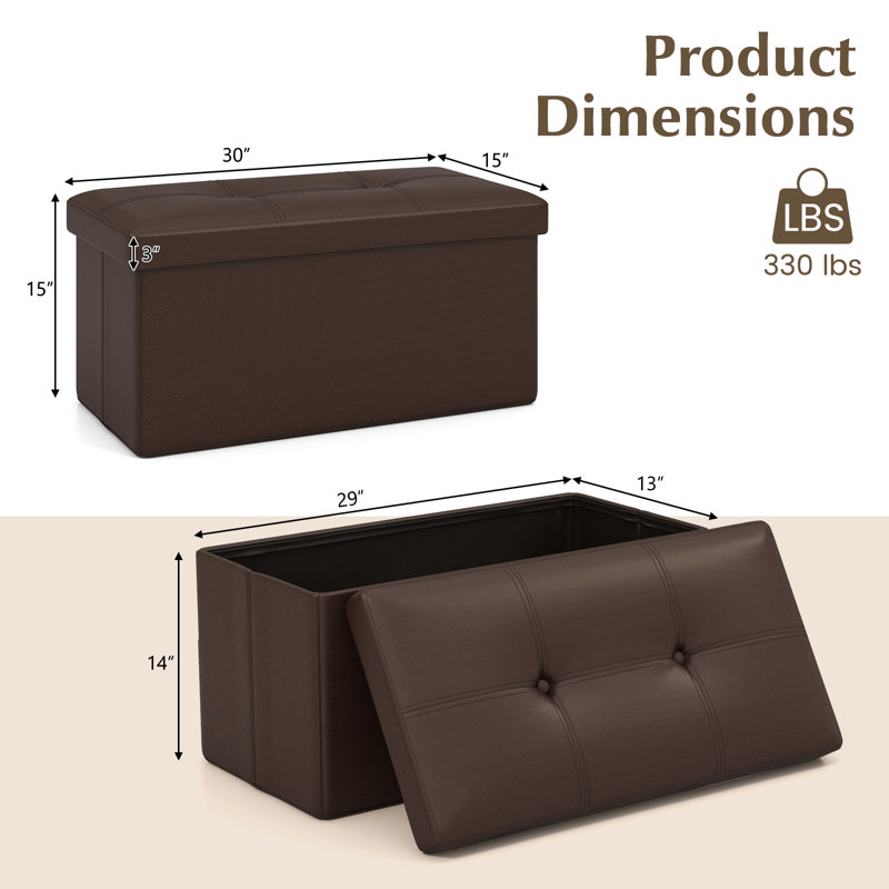 Repose-pieds de rangement rectangulaire en similicuir de 30 po de largeur, Similicuir brun