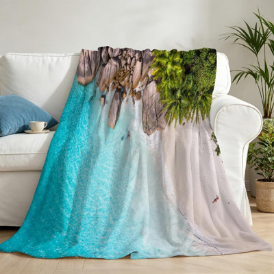 Jeté en molleton transparent ultra doux en flanelle, plage tropicale avec imprimé d'un côté de la mer
