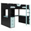 Lit mezzanine en bois pleine grandeur avec bureau en forme de U, lumières DEL RVB intelligentes et ports USB, canapé-lit multifonctionnel à 3 tiroirs et tablettes de rangement