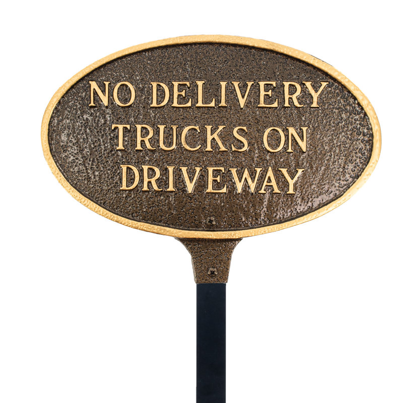Petite plaque de déclaration ovale avec piquet de pelouse - Pas de camions de livraison sur l'allée - Bronze martelé