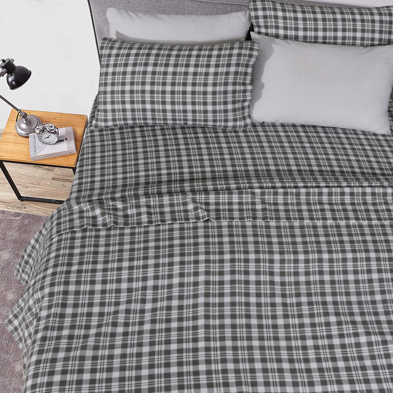 Ensemble de literie en flanelle 100 % coton, Ensemble de draps pour lit simple avec un drap-hou, Tissu écossais gris