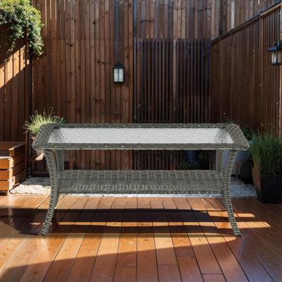 Coffee Table - Patio Rattan Wicker Coffee Table With Tempered Glass Top And 2-Tier Storage Outdoor Table For Deck Porch Balcony Garden