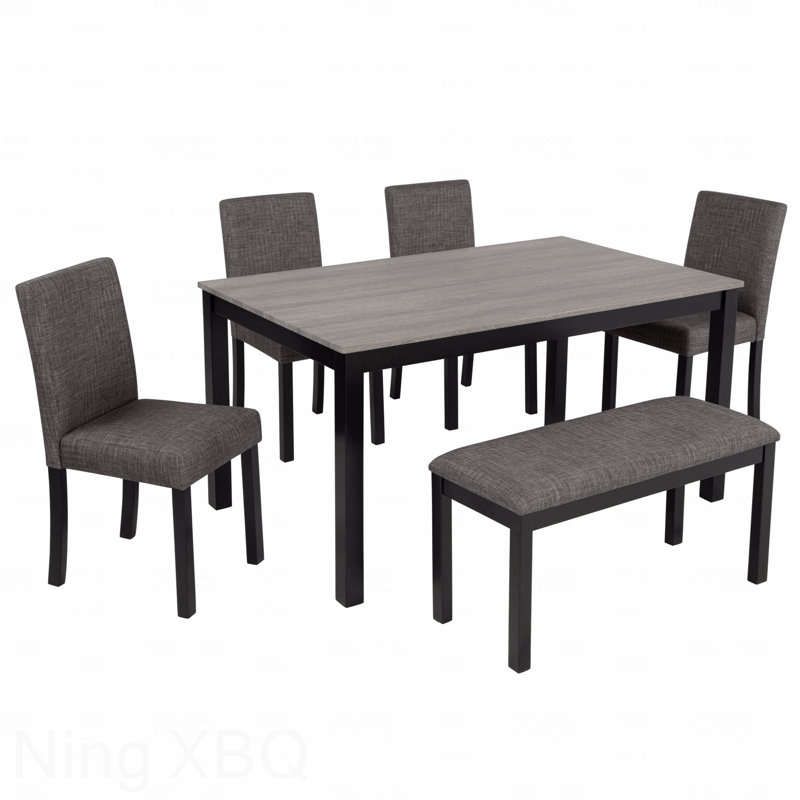 Ensemble de salle à manger moderne 6 pièces: table en bois et 4 chaises + banc, gris clair et noir deux tons