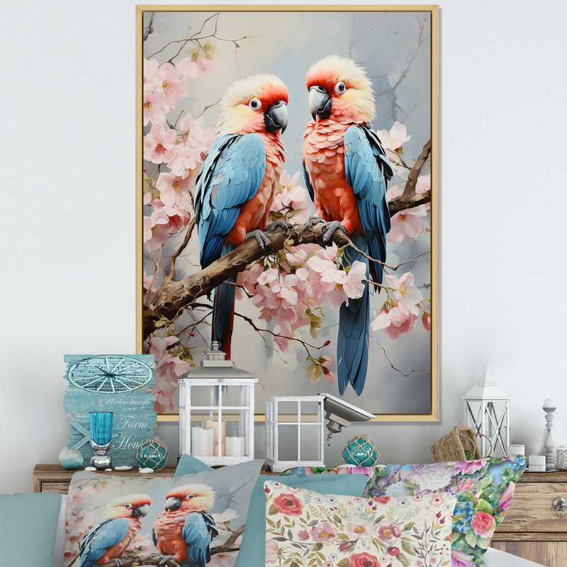 Perroquets tropicaux chuchotés sur toile, H 20 po x l 12 po x P 1 po, Cadre flottant naturel