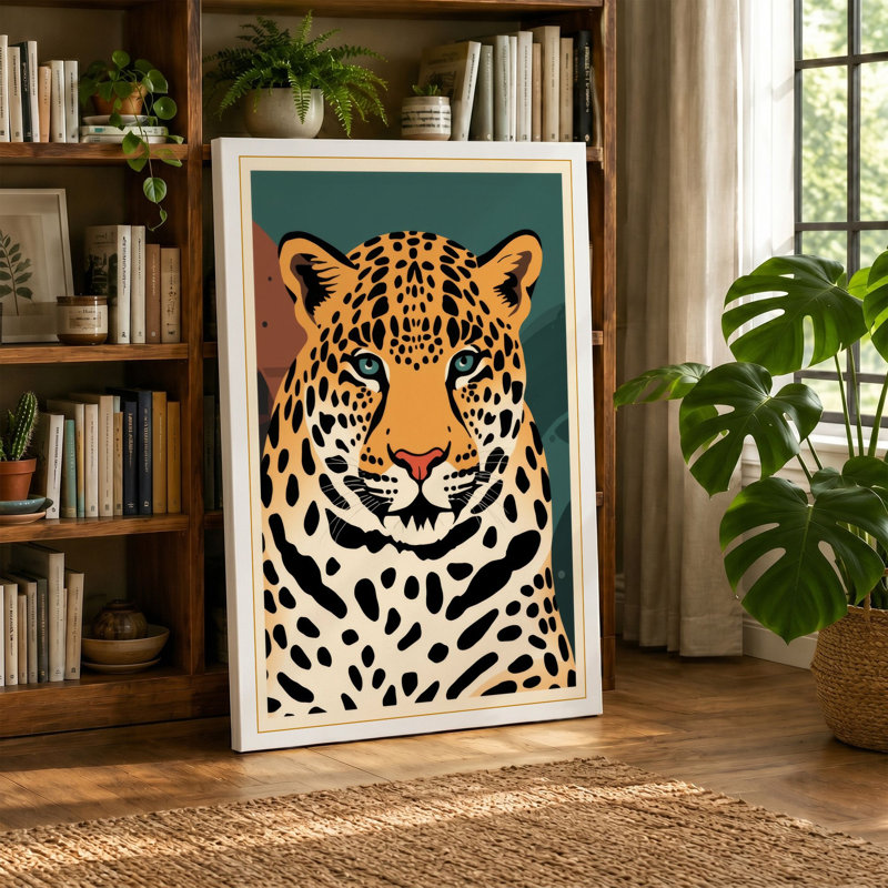 Leopard Portrait Geometric - Wrapped Canvas, 18x12 - 45.7 x 30.5 cm, Sage Border