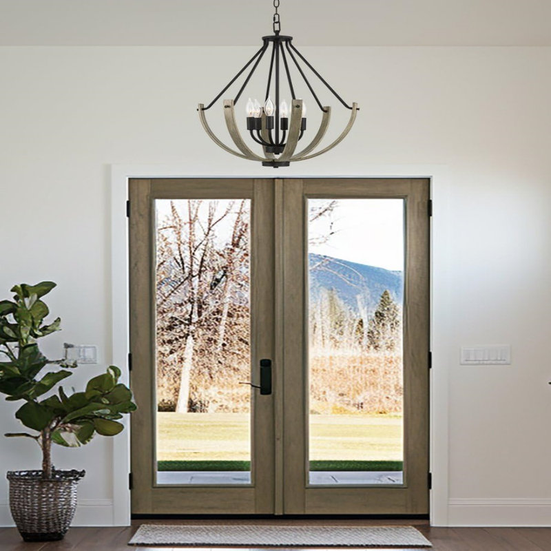 23.5" 6-Light Modern Farmhouse Pendant Chandelier, Open Frame Design, Black Accents + Gray Oak Wood Finish