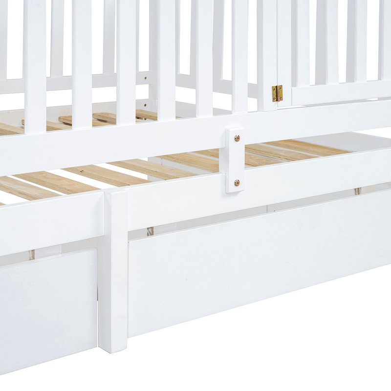 Wood Daybed With Fence Guardrails And 2 Drawers, Split Into Independent Floor Bed With Daybed, Twin, White