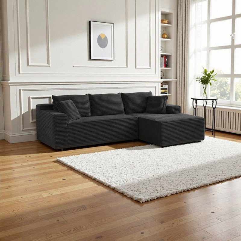 Canapé modulaire en L avec assise profonde, tissu velours côtelé, sans assemblage requis, Noir