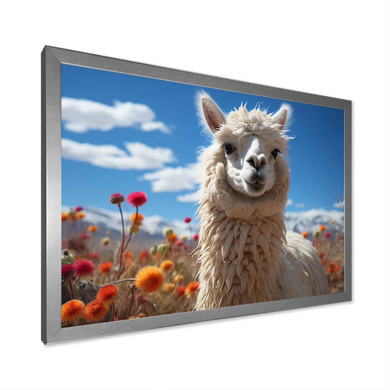 Beige noir lama dans un champ de fleurs, reproduction de photo sur toile, H 12 po x l 20 po x P 1 po, Cadre simple argenté