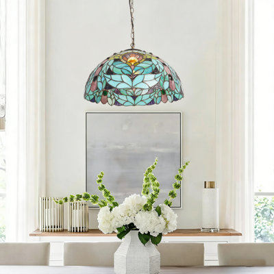 Antique Bronze Tiffany-style Pendant Light, 15.7" Green Floral Glass Shade