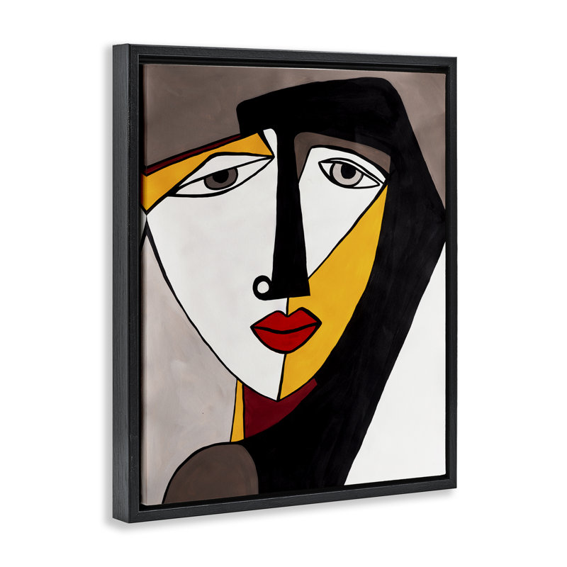 Art mural sur toile flottante cubiste à visage féminin par Ruth Fromstein, Cadre flottant noir de jais, H 21 po x l 17 po