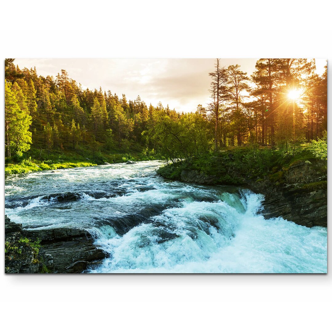 Leinwandbild Wald mit Fluss in Norwegen