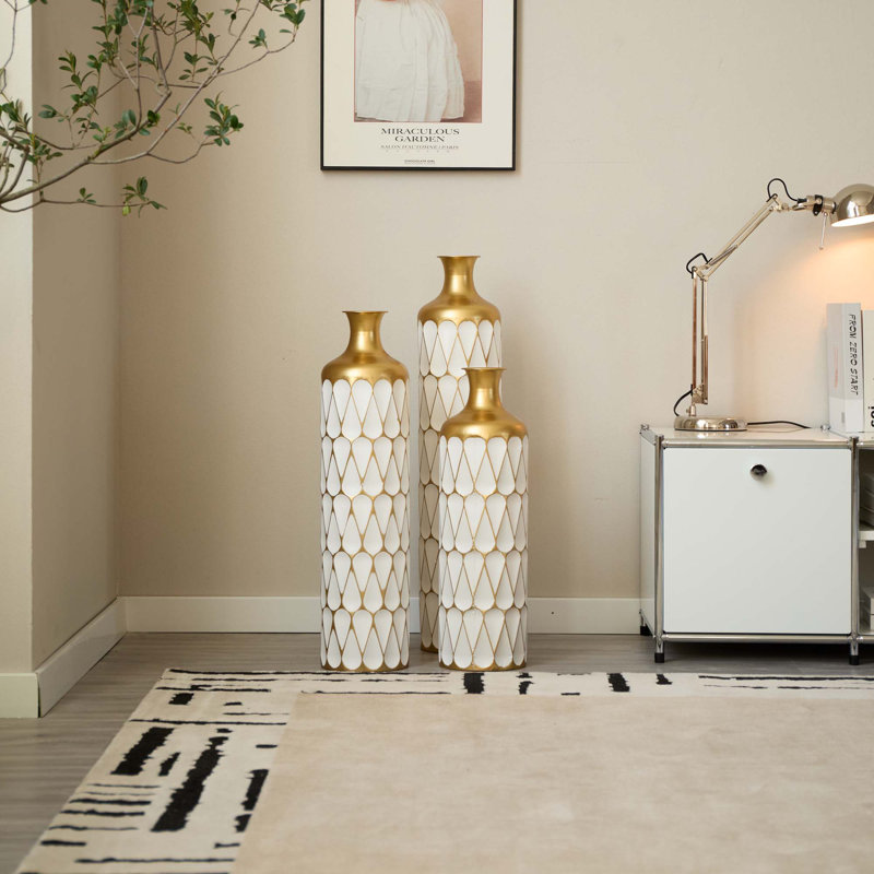 3-Piece White Gold Floor Vase, Golden Prism Design, Tall Metal Decorative Flower Vase