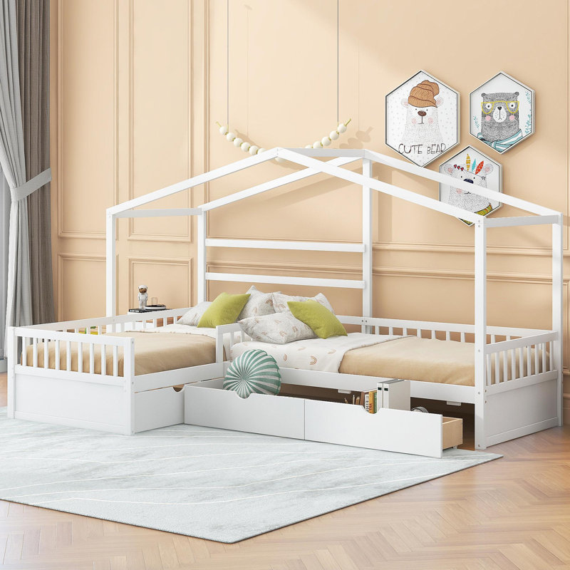 Lit plateforme simple avec trois tiroirs de rangement, Blanc