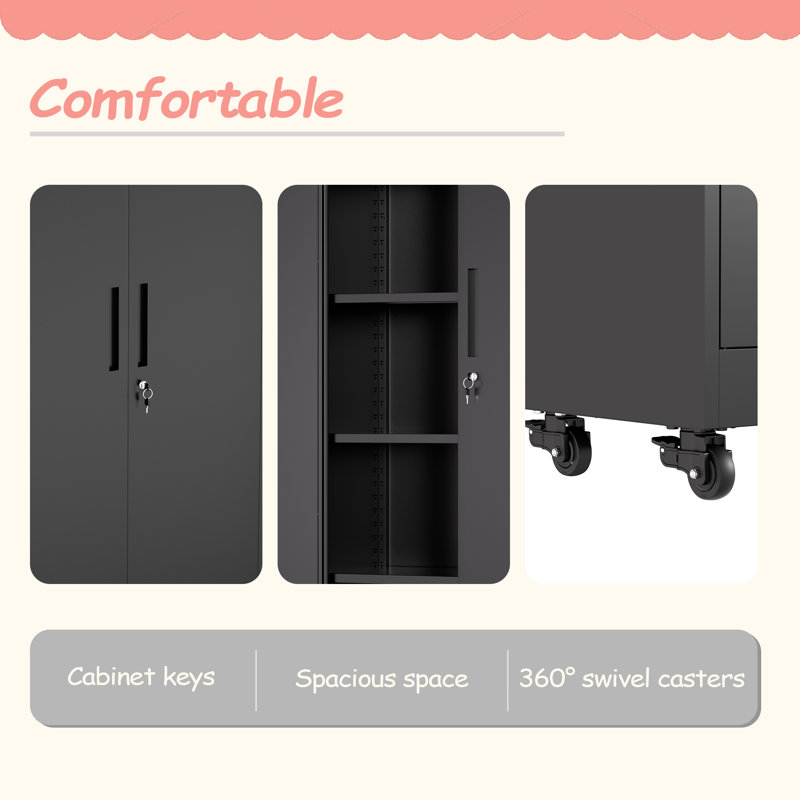 71"H Metal Garage Storage Cabinet With Wheels And Lock, Heavy Duty Rolling Metal Cabinet, 4 Adjustable Shelves (180Lb Each), 3-Point Locking Security, For Tool Organization In Garage, Workshop, Office