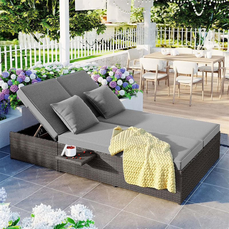 Outdoor Sunbed, Rattan Patio Reclining Chairs with Adjustable Backrest and Seat, Conversational Set, Gray
