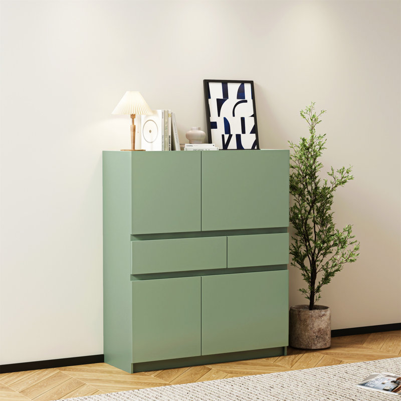 Armoire de rangement en bois verte avec 4 portes et 2 tiroirs, armoire à chaussures 